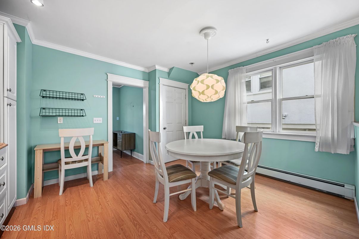 Dining room, Interior, Pendant Lights, Recessed Lighting, Wood Texture Flooring