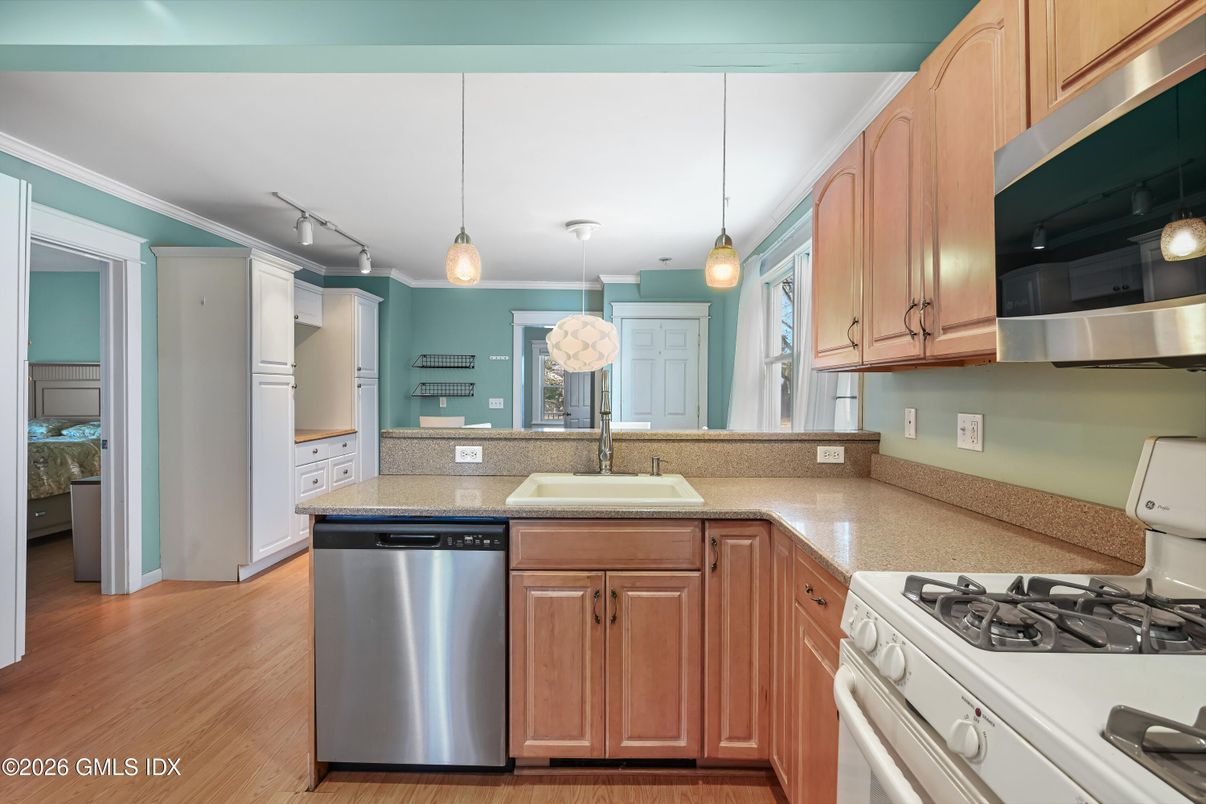 Interior, Kitchen, Pendant Lights, Stainless Steel Appliances, Wood Texture Flooring