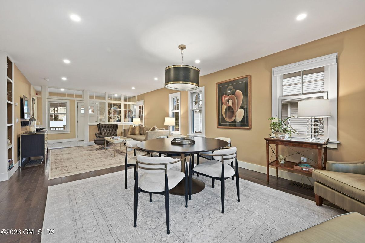 Dining room, Interior, Living room, Recessed Lighting, Wood Texture Flooring