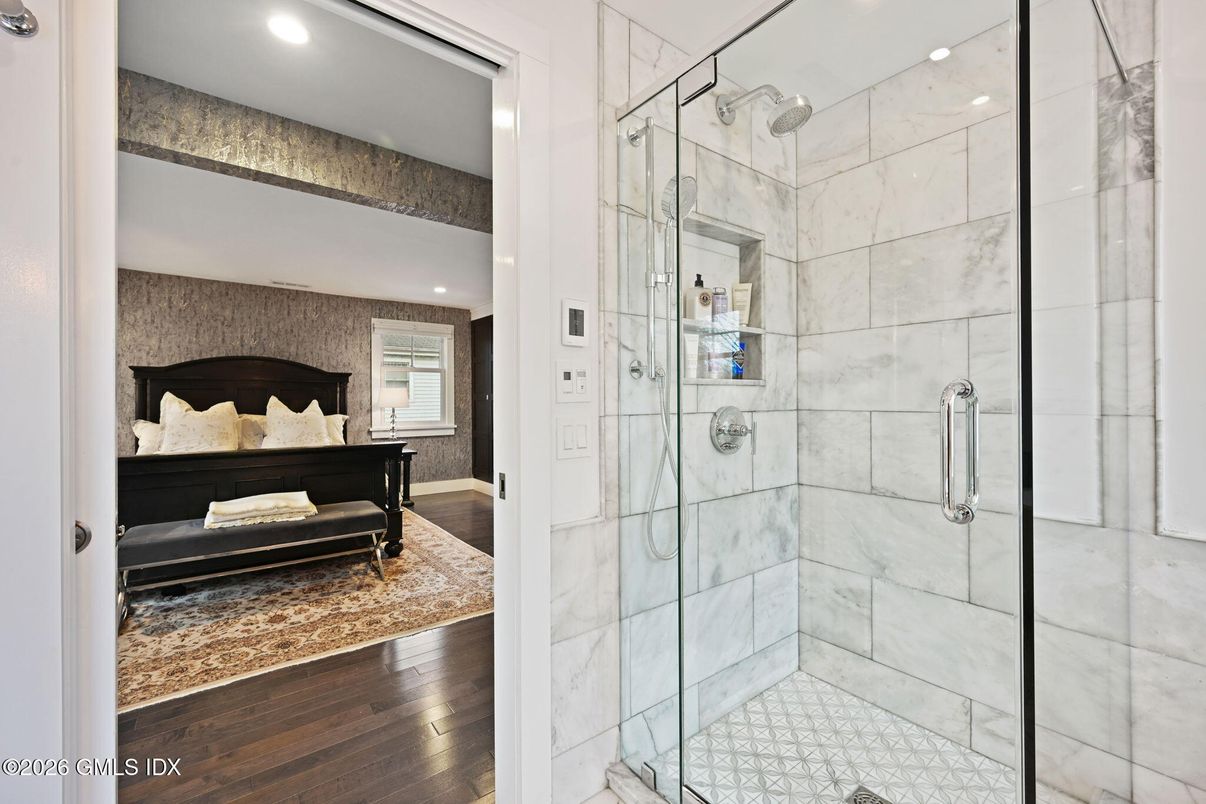 Bathroom, Glass Shower, Interior, Recessed Lighting, Wood Texture Flooring