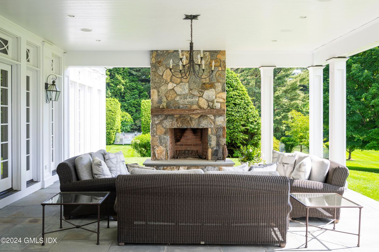 Chandelier, Exterior, Fireplace