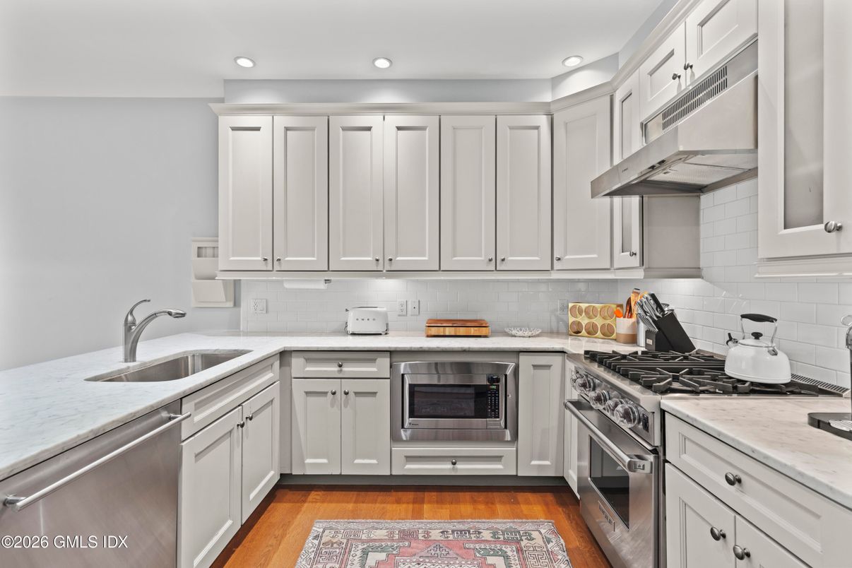 Interior, Kitchen, Recessed Lighting, Stainless Steel Appliances, Wood Texture Flooring