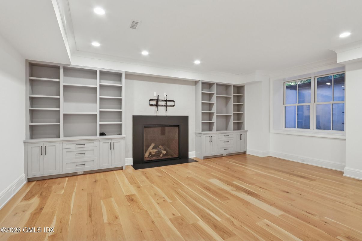 Empty room, Fireplace, Interior, Recessed Lighting, Wood Texture Flooring