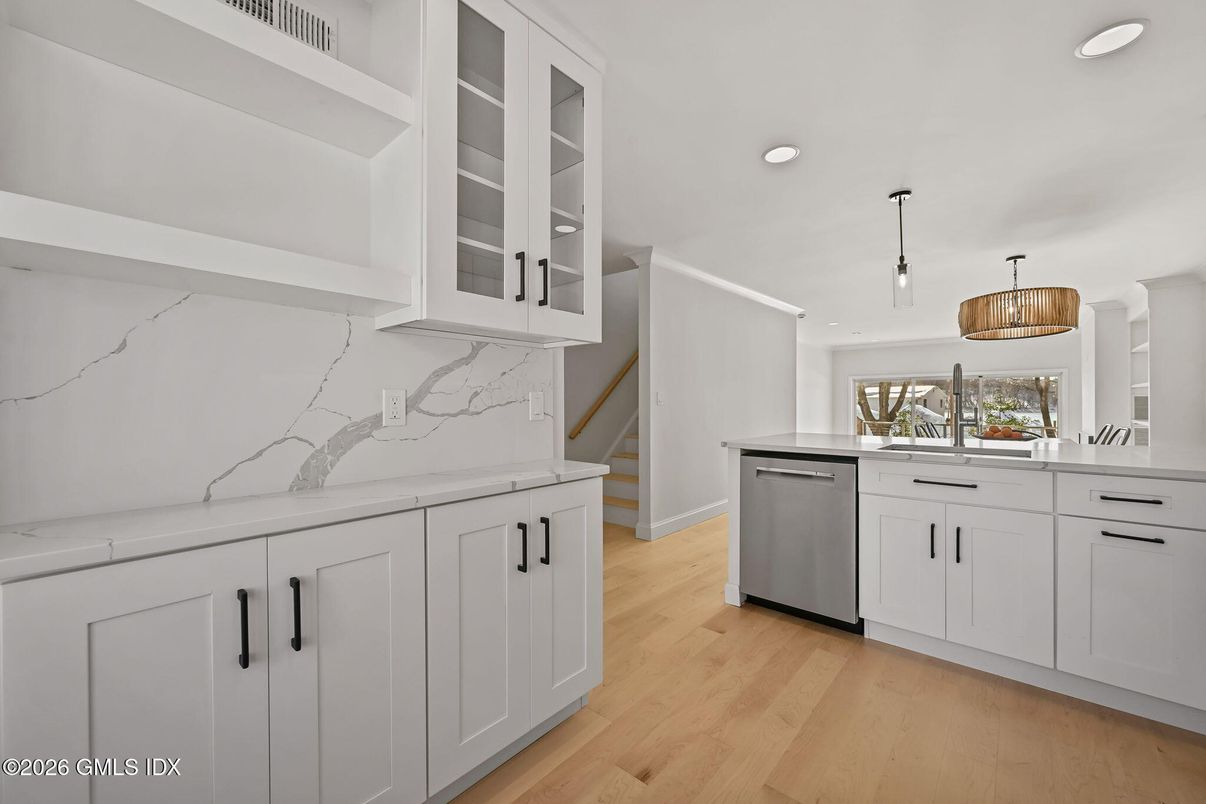 Interior, Kitchen, Marble Walls, Pendant Lights, Recessed Lighting, Wood Texture Flooring