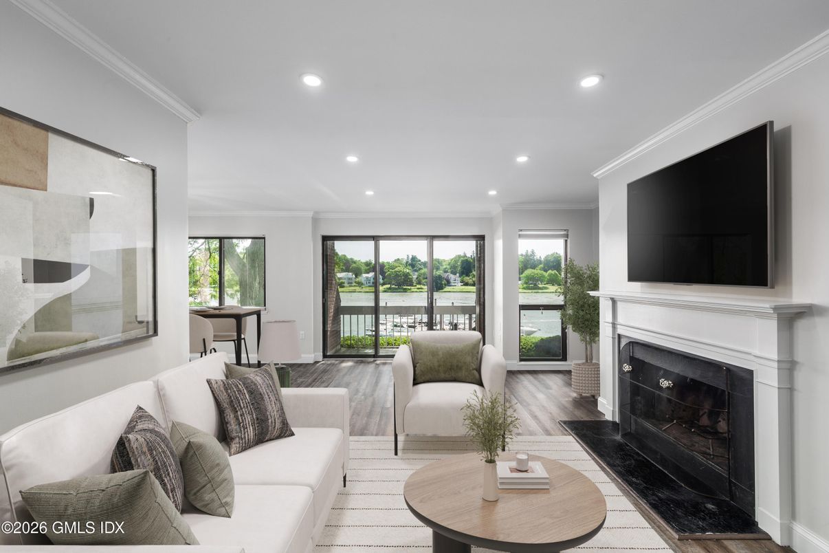 Fireplace, Interior, Living room, Recessed Lighting, Water, Wood Texture Flooring