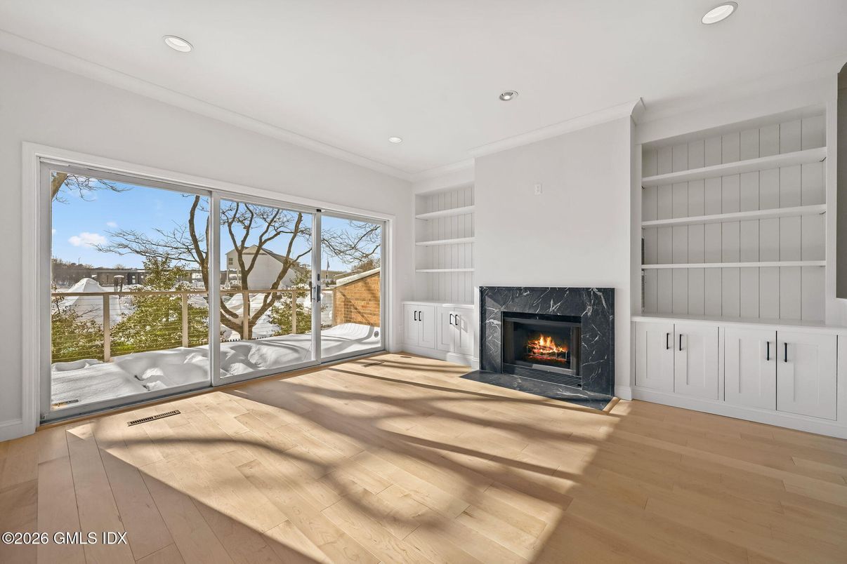 Empty room, Fireplace, Interior, Recessed Lighting, Wood Texture Flooring