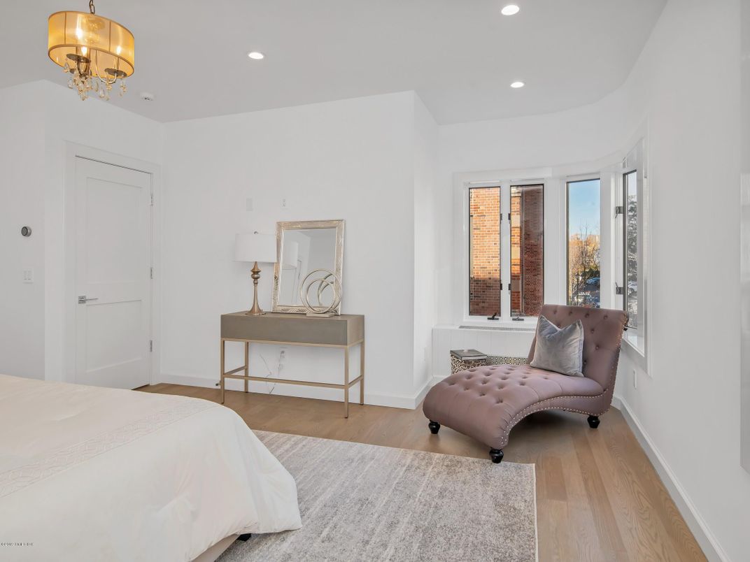 Bedroom, Chandelier, Interior, Recessed Lighting, Wood Texture Flooring