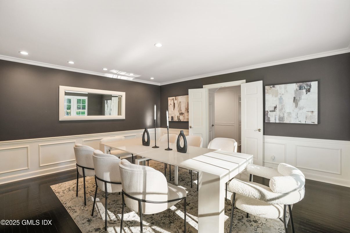 Dining room, Interior, Recessed Lighting, Wood Texture Flooring