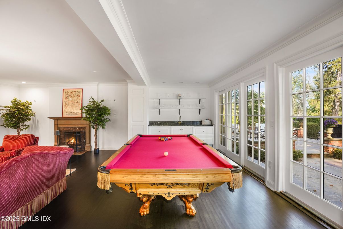 Billiard Table, Fireplace, Game Room, Interior, Recessed Lighting, Wood Texture Flooring