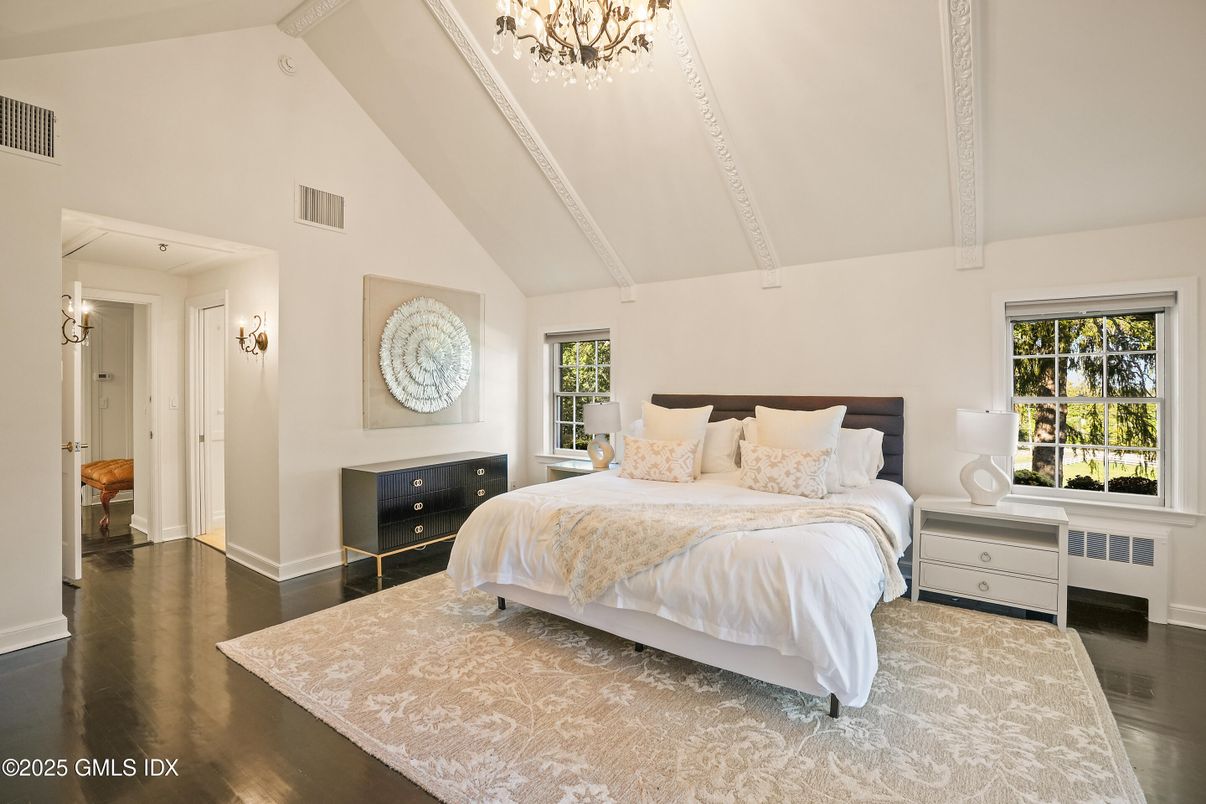 Bedroom, Chandelier, Fireplace, Interior, Wood Texture Flooring