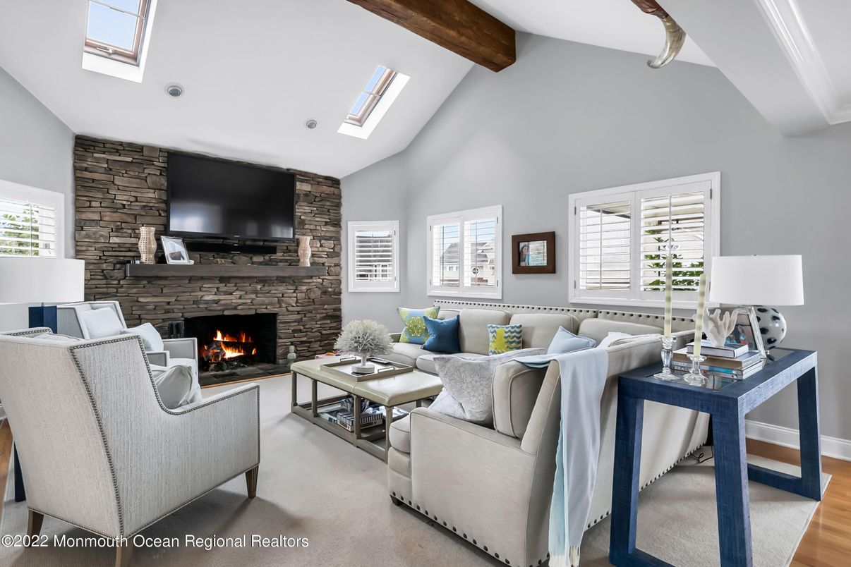 Fireplace, Interior, Living room, Recessed Lighting, Stone Walls, Wooden Beams, Wood Texture Flooring