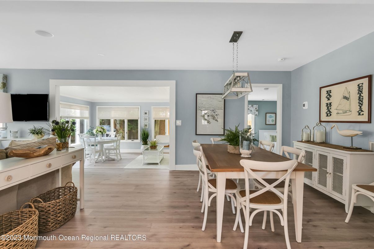 Dining room, Interior, Pendant Lights, Wood Texture Flooring