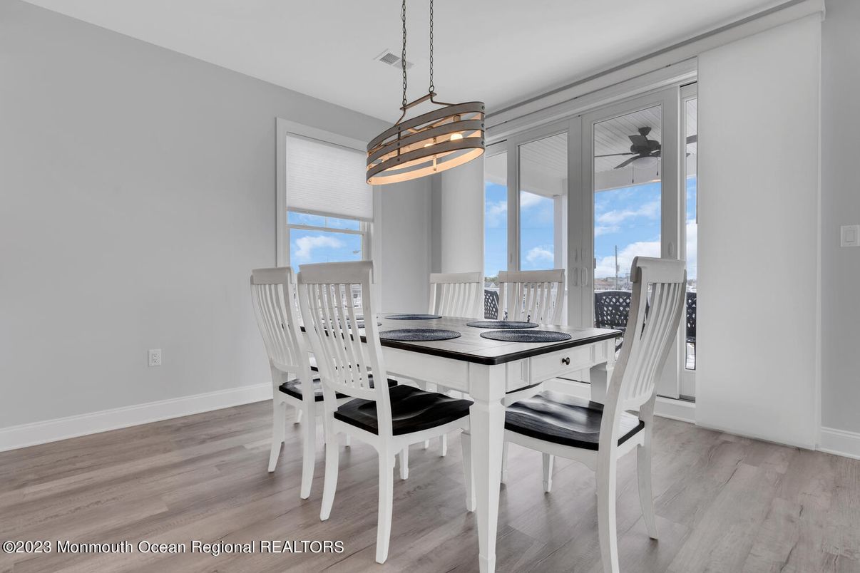 Dining room, Interior, Pendant Lights, Wood Texture Flooring