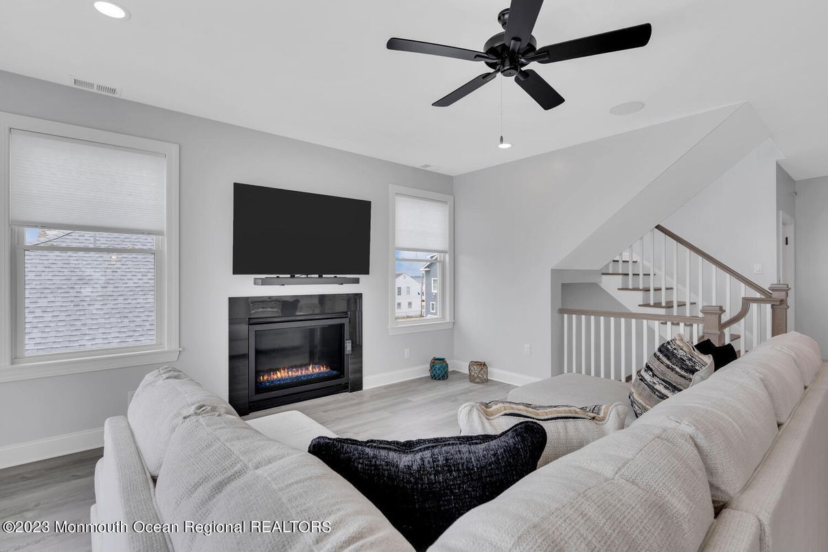 Fireplace, Interior, Living room, Recessed Lighting, Wood Texture Flooring