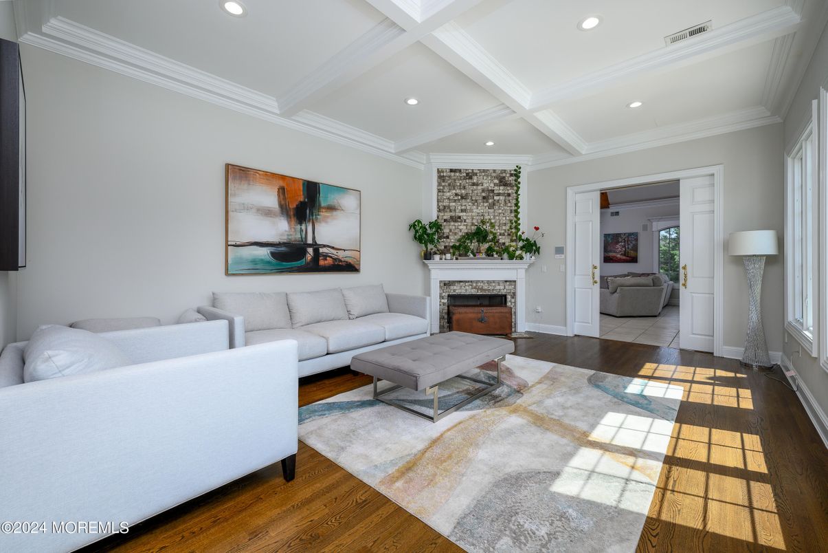 Fireplace, Interior, Living room, Recessed Lighting, Wood Texture Flooring