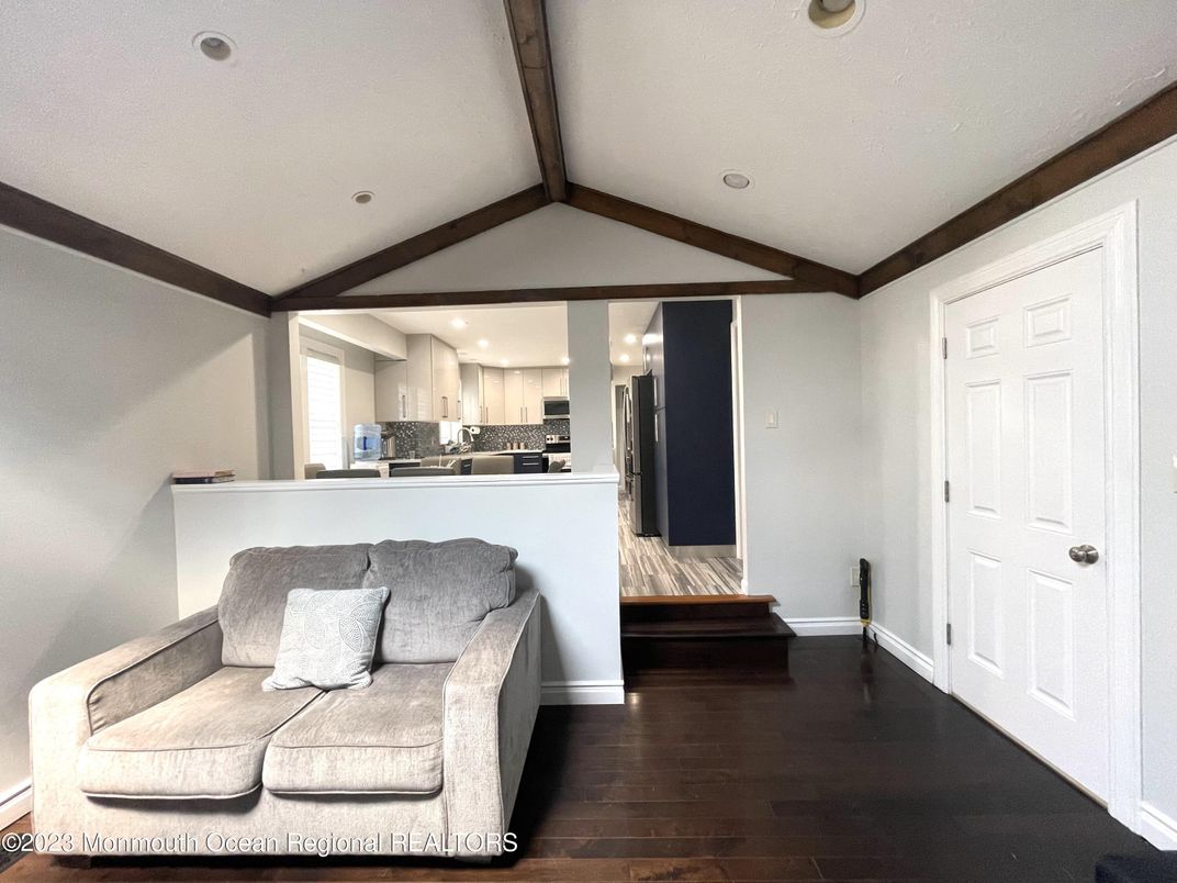 Interior, Kitchen, Recessed Lighting, Stainless Steel Appliances, Wooden Beams, Wood Texture Flooring