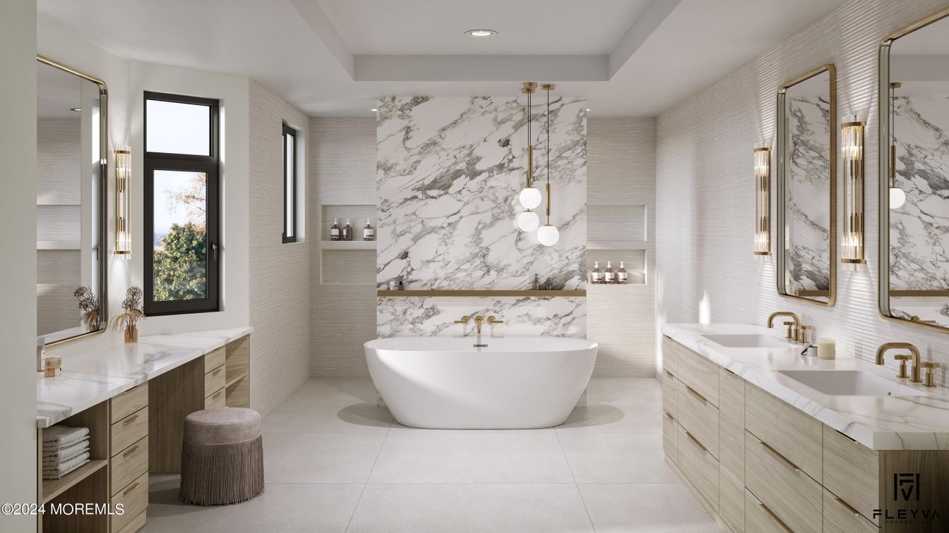 Bathroom, Dual Sink Vanities, Free Standing Baths, Interior, Marble Walls, Recessed Lighting