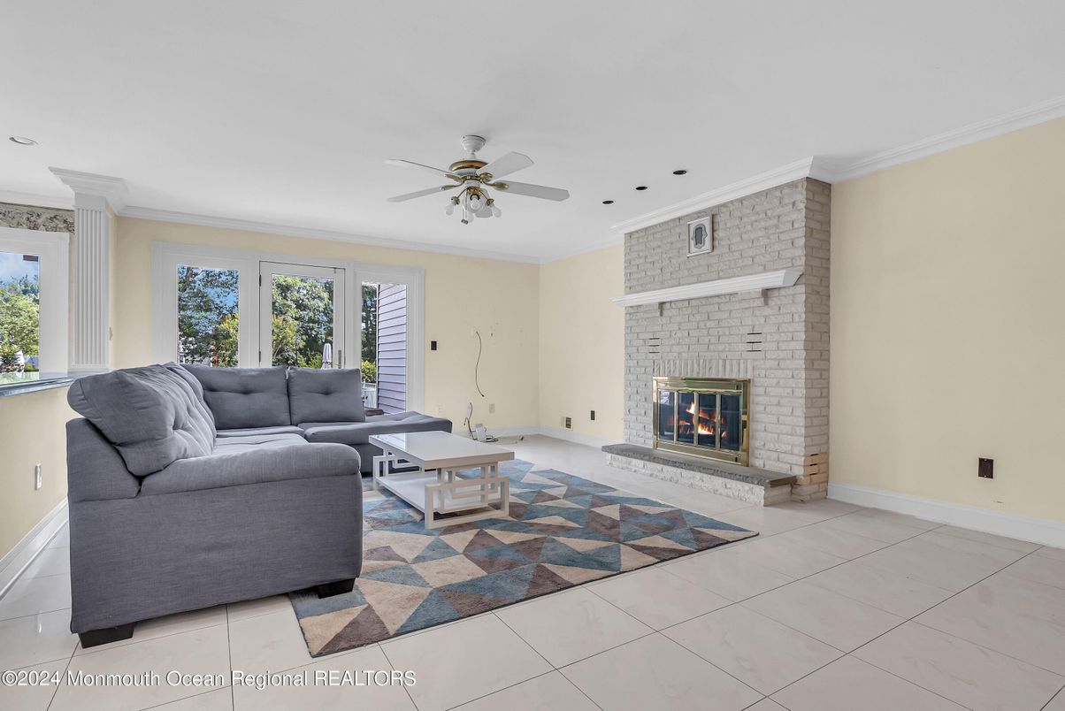 Fireplace, Interior, Living room, Recessed Lighting, Stone Walls