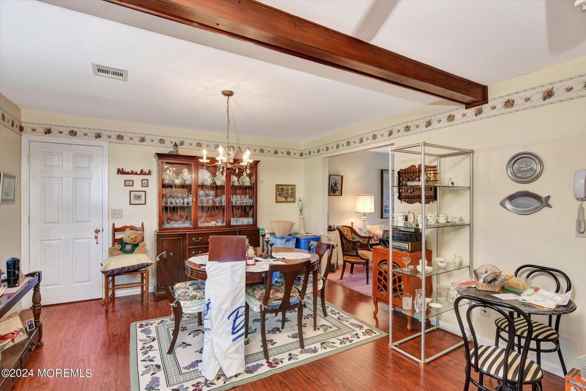 Chandelier, Dining room, Interior, Wooden Beams, Wood Texture Flooring
