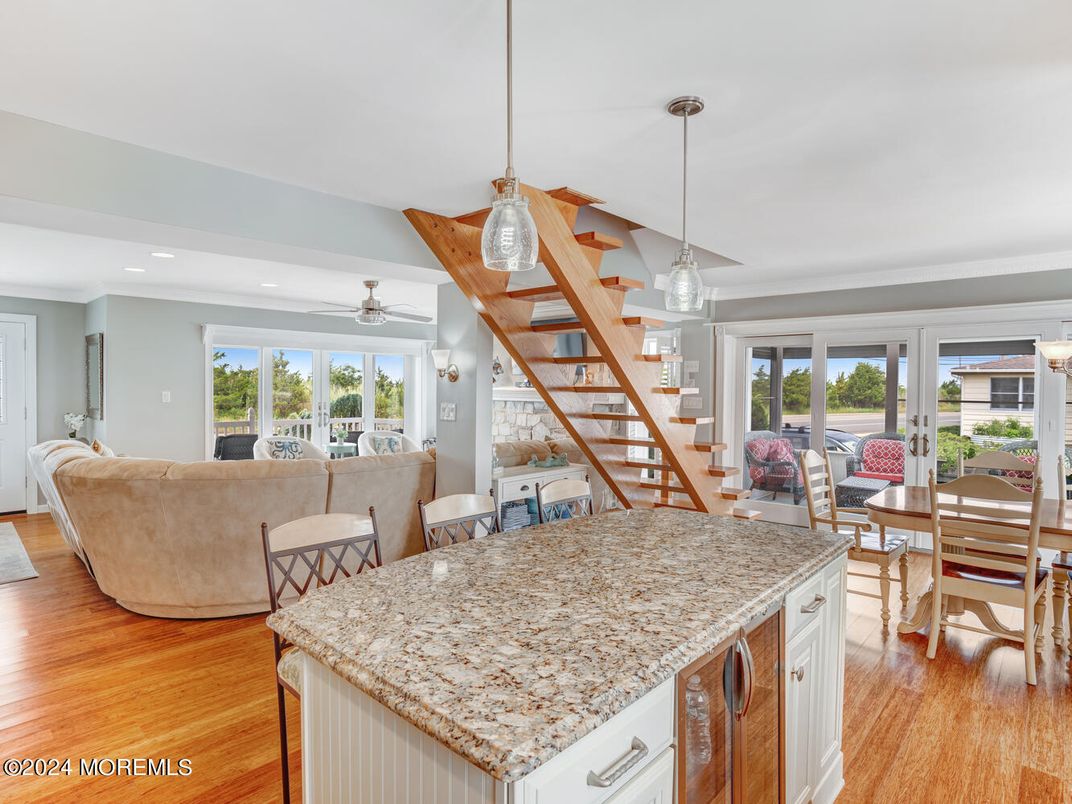 Dining room, Interior, Kitchen, Living room, Pendant Lights, Recessed Lighting, Wooden Beams, Wood Texture Flooring