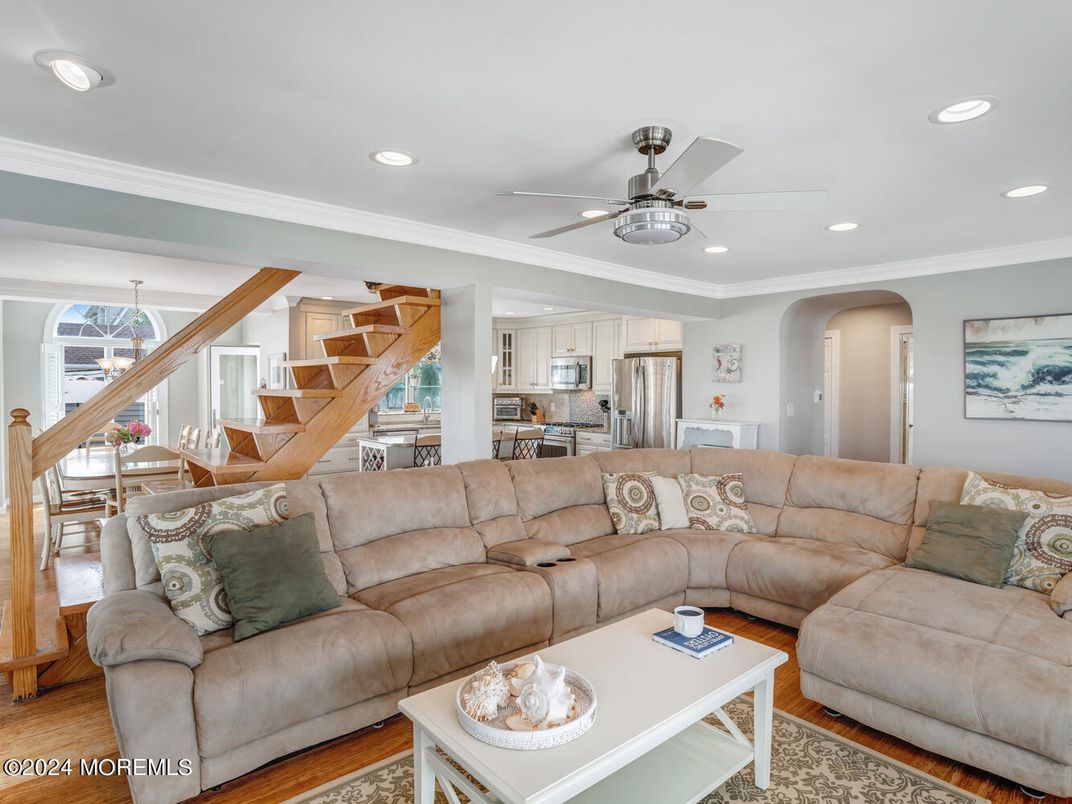 Interior, Kitchen, Living room, Recessed Lighting, Stainless Steel Appliances, Wood Texture Flooring