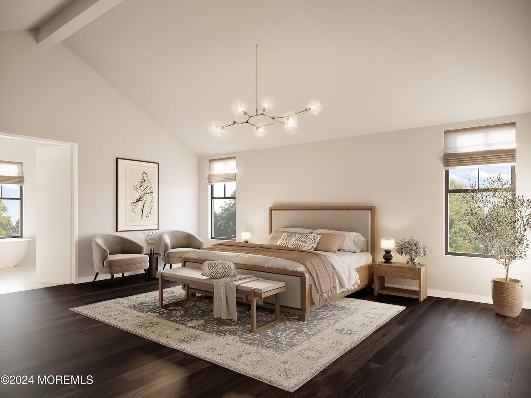 Bedroom, Interior, Pendant Lights, Wood Texture Flooring