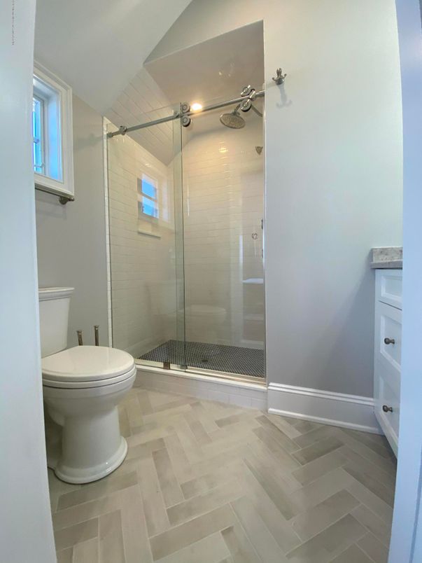 Bathroom, Glass Shower, Interior, Wood Texture Flooring