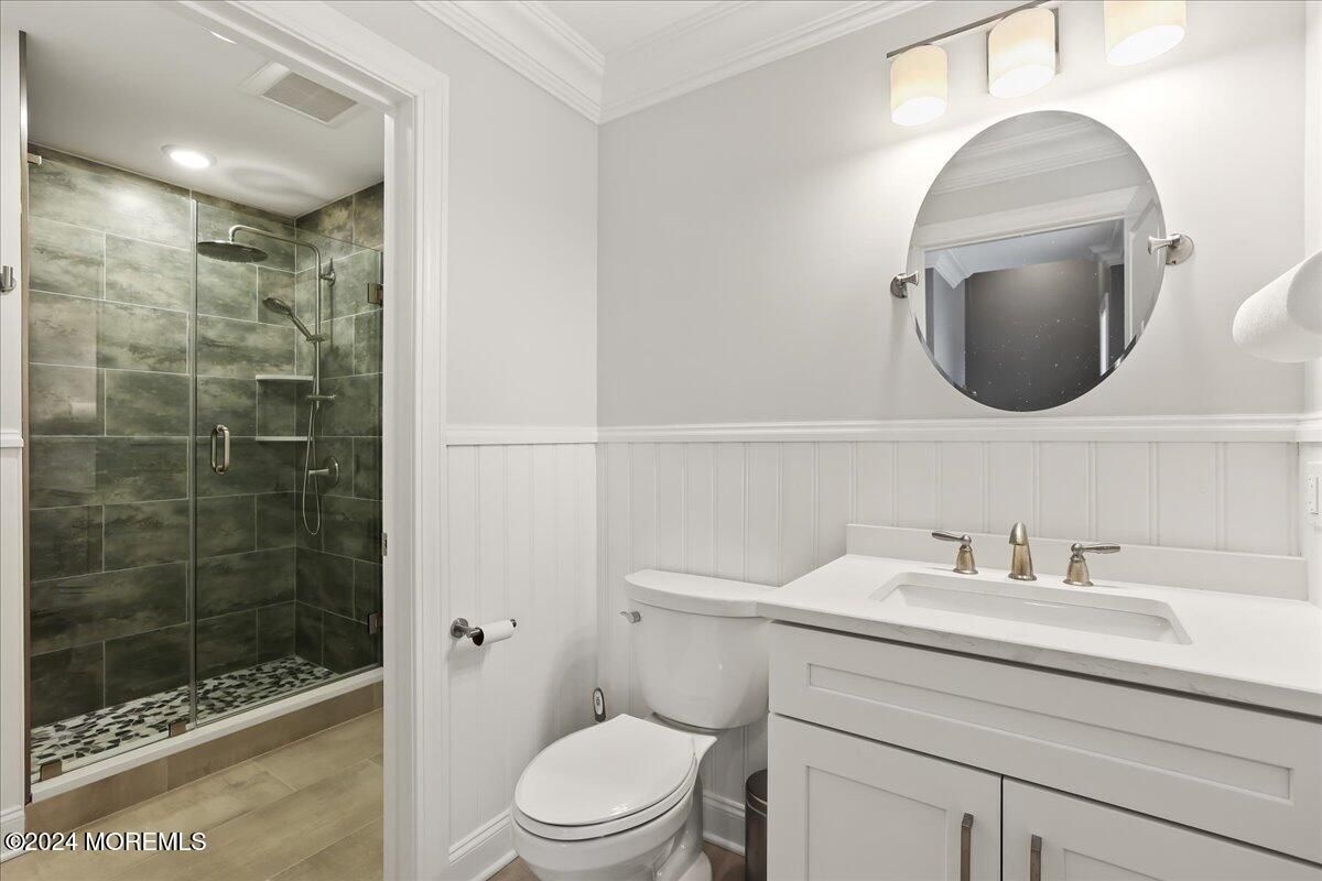 Bathroom, Glass Shower, Interior, Recessed Lighting, Wood Texture Flooring