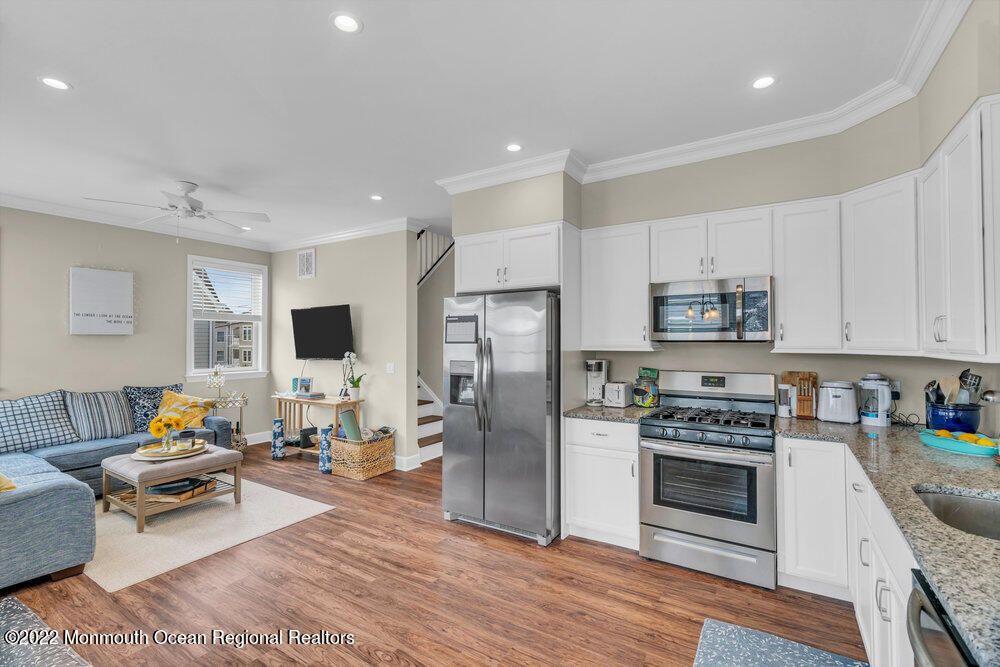 Interior, Kitchen, Living room, Recessed Lighting, Stainless Steel Appliances, Wood Texture Flooring