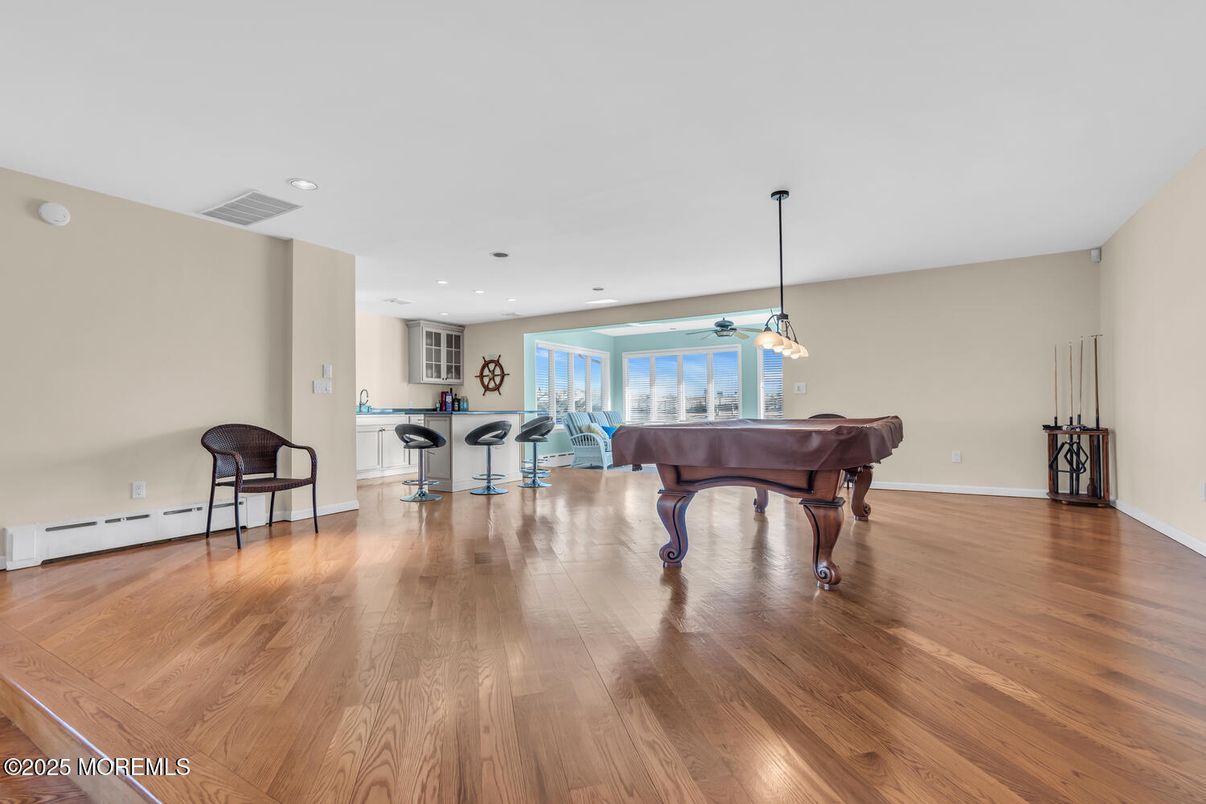 Billiard Table, Game Room, Interior, Pendant Lights, Recessed Lighting, Wood Texture Flooring