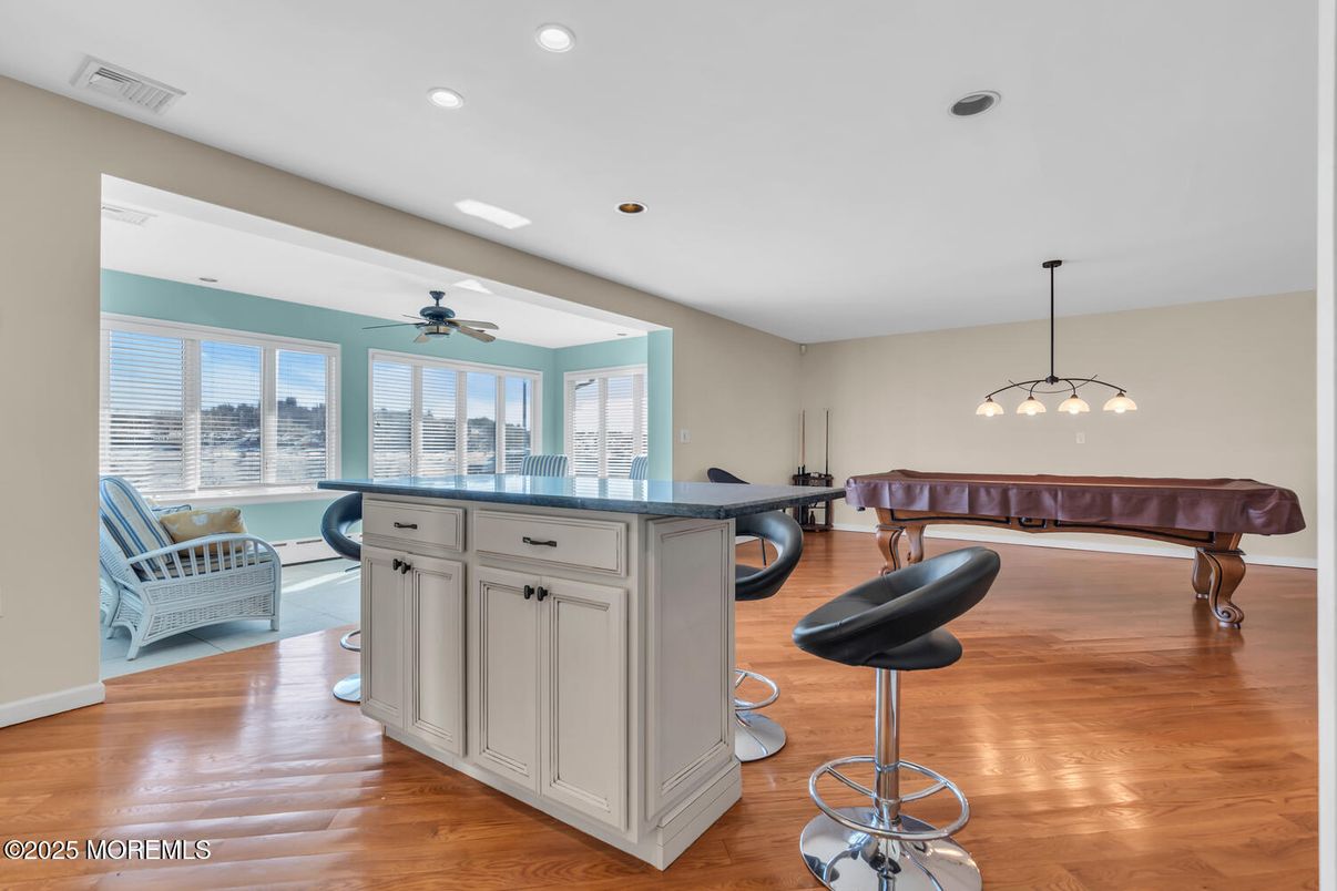 Billiard Table, Game Room, Interior, Pendant Lights, Piano, Recessed Lighting, Wood Texture Flooring