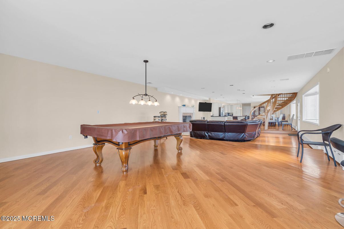 Billiard Table, Game Room, Interior, Pendant Lights, Piano, Recessed Lighting, Wood Texture Flooring