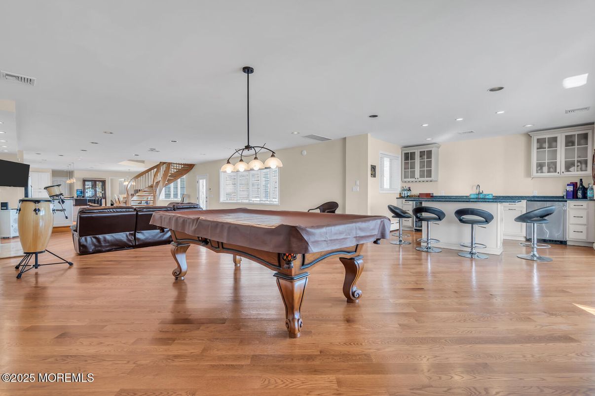 Billiard Table, Game Room, Interior, Pendant Lights, Recessed Lighting, Wood Texture Flooring