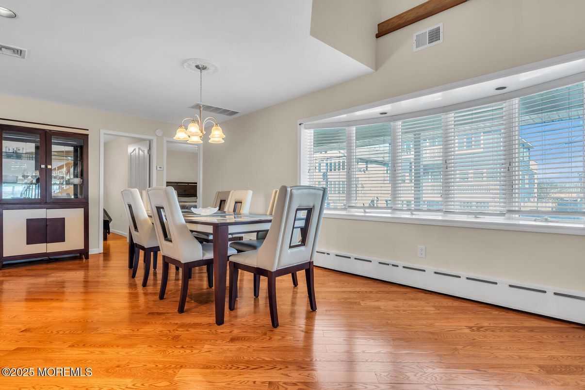 Dining room, Interior, Pendant Lights, Wood Texture Flooring