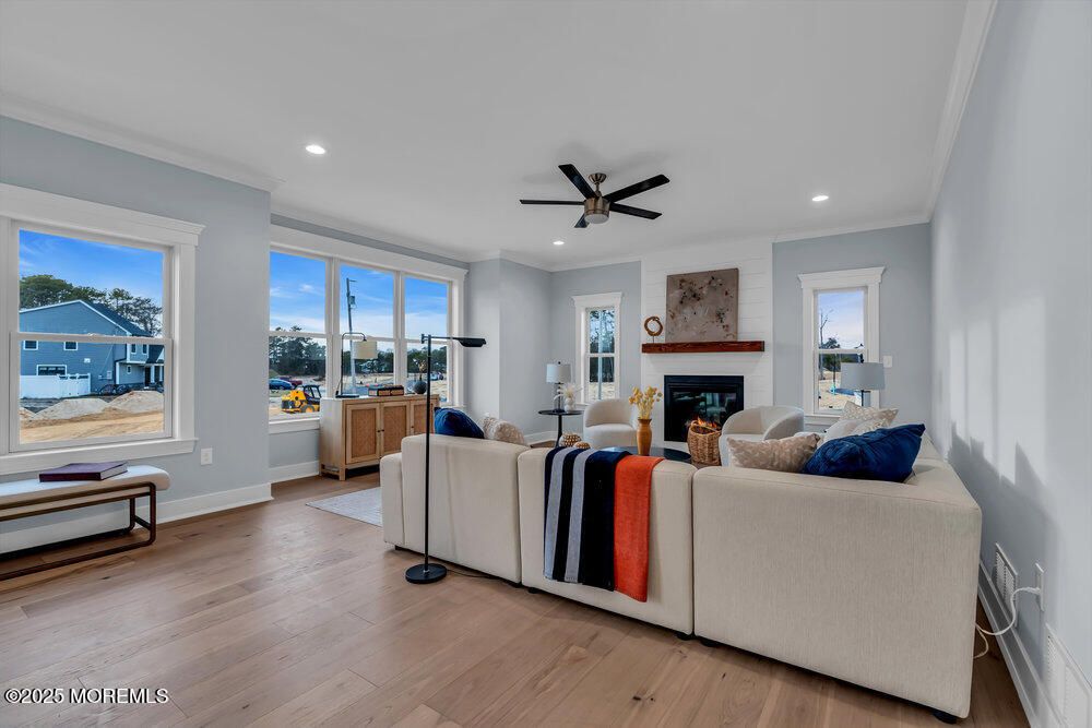 Fireplace, Interior, Living room, Recessed Lighting, Wood Texture Flooring