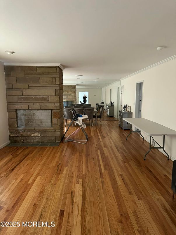 Dining room, Fireplace, Interior, Stone Walls, Wood Texture Flooring