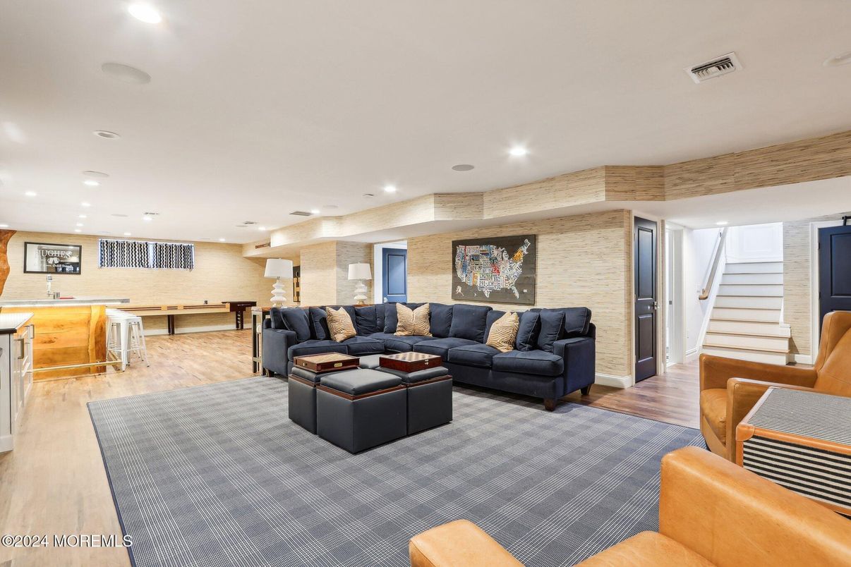 Interior, Living room, Recessed Lighting, Stone Walls, Wood Texture Flooring