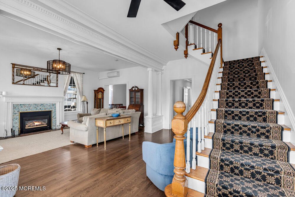 Fireplace, Interior, Living room, Pendant Lights, Wood Texture Flooring
