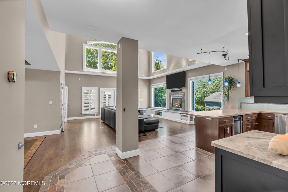 Fireplace, Interior, Kitchen, Living room, Pendant Lights, Wood Texture Flooring