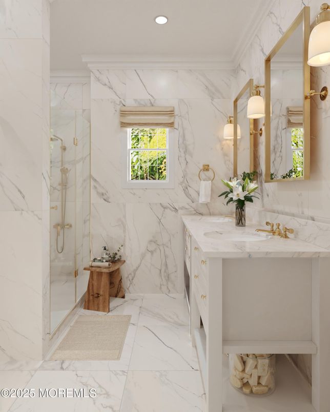 Bathroom, Glass Shower, Interior, Marble, Marble Walls, Recessed Lighting