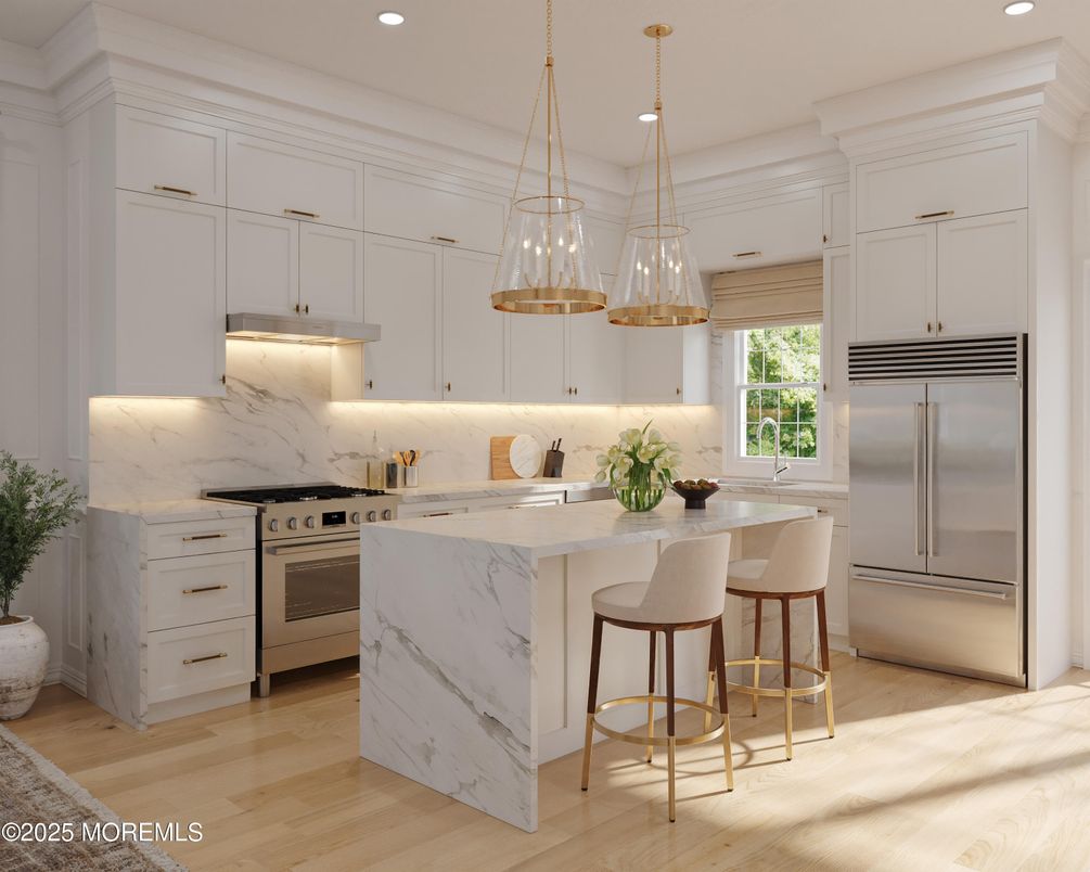 Interior, Kitchen, Marble Walls, Pendant Lights, Recessed Lighting, Stainless Steel Appliances, Wood Texture Flooring