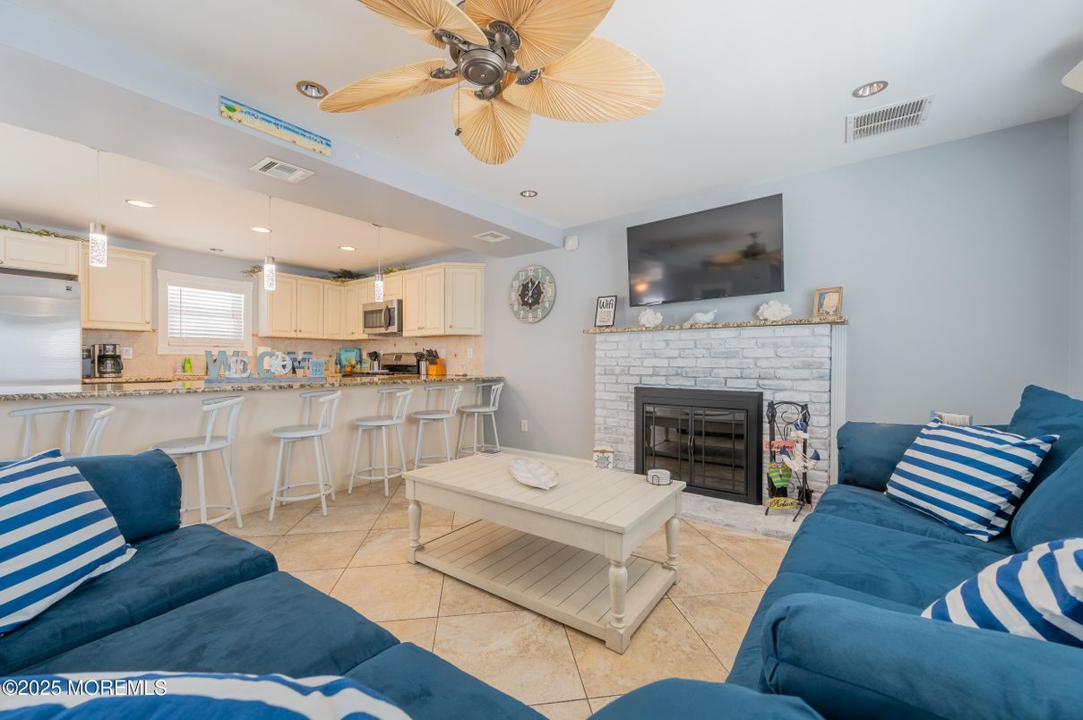 Fireplace, Interior, Kitchen, Living room, Recessed Lighting