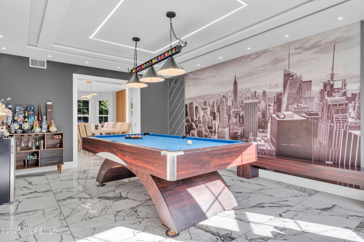 Billiard Table, Game Room, Interior, Marble, Pendant Lights, Recessed Lighting