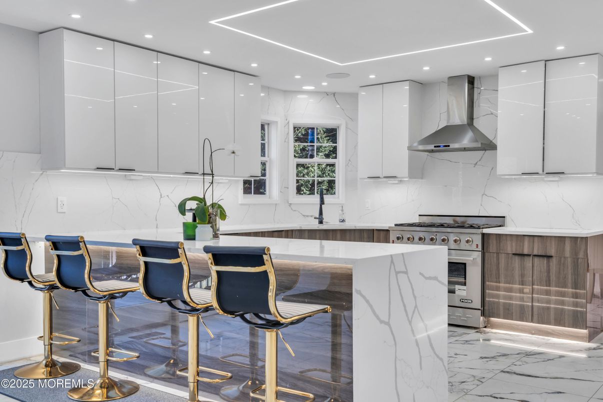 Interior, Kitchen, Marble, Marble Walls, Recessed Lighting, Stainless Steel Appliances
