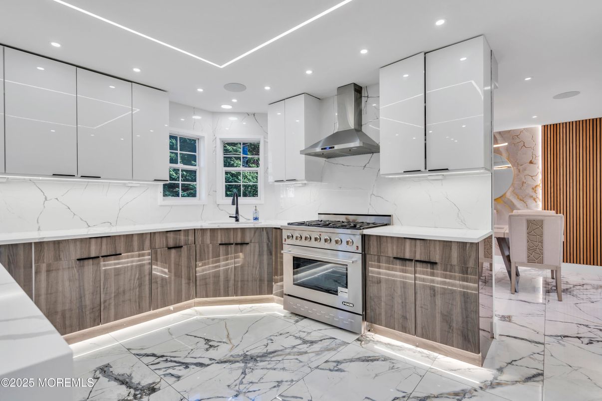 Interior, Kitchen, Marble, Marble Walls, Recessed Lighting, Stainless Steel Appliances