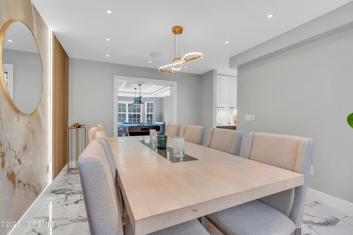 Billiard Table, Dining room, Interior, Marble, Pendant Lights, Recessed Lighting