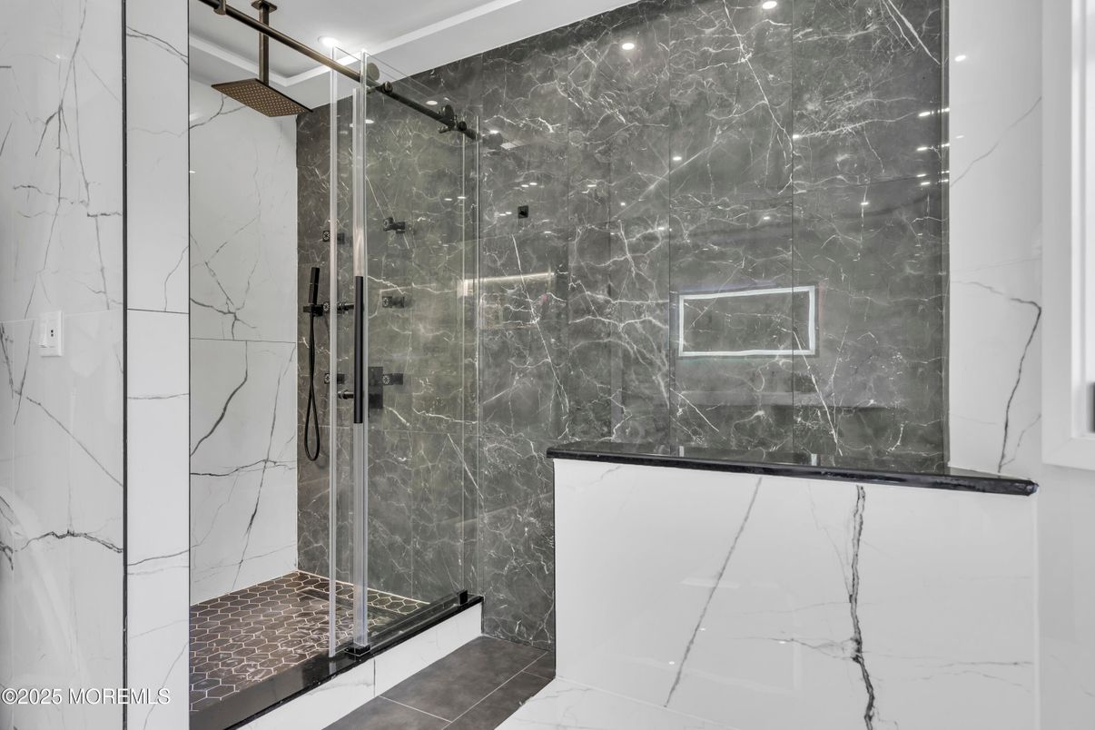 Bathroom, Glass Shower, Interior, Marble Walls, Recessed Lighting