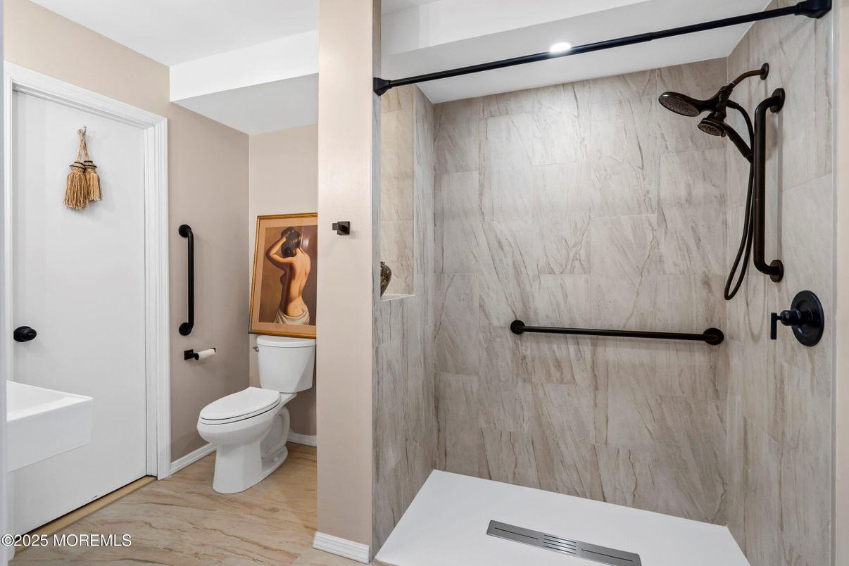 Bathroom, Interior, Marble Walls, Recessed Lighting, Wood Texture Flooring