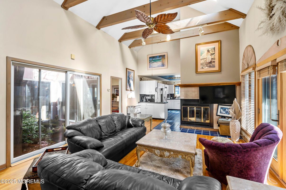 Fireplace, Interior, Living room, Recessed Lighting, Wooden Beams, Wood Texture Flooring