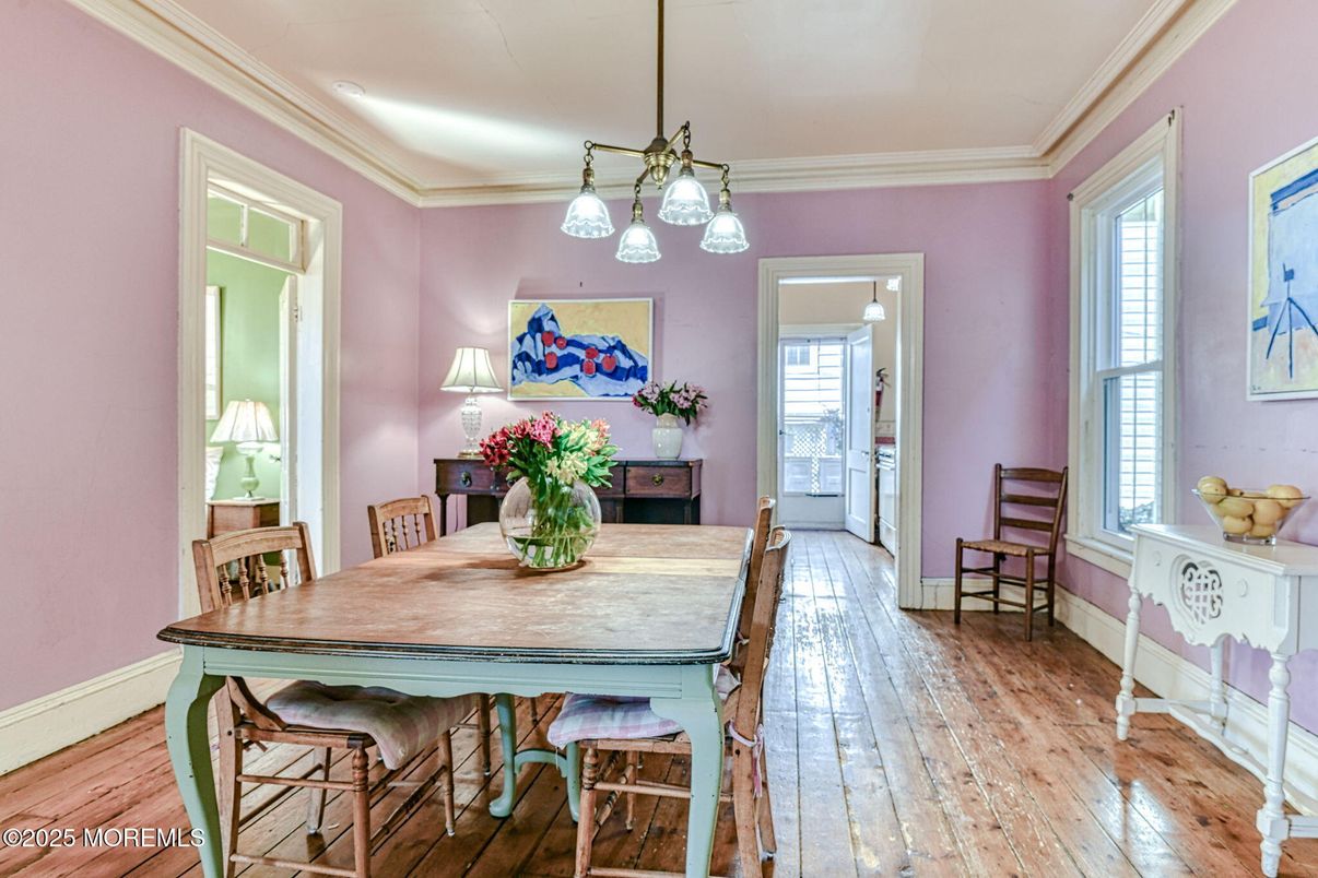 Dining room, Interior, Pendant Lights, Recessed Lighting, Wood Texture Flooring